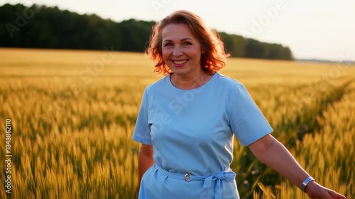 Smiling woman in a blue dress walks through a golden wheat field at sunset