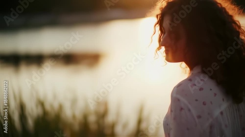 Portrait of a woman with curly hair by a lake at sunset, bathed in golden light