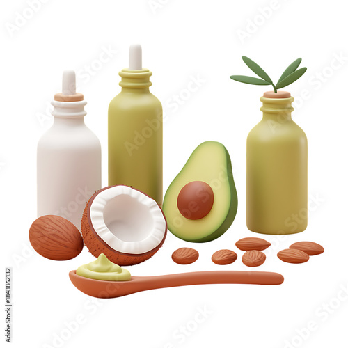 Avocado oil coconut and almond ingredients illustration on transparent background