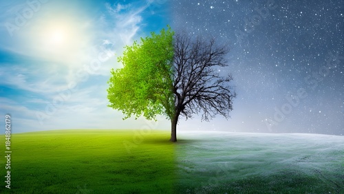 A solitary tree stands divided between vibrant life and barrenness in a contrasting landscape under a dual sky with sunlight and stars.
