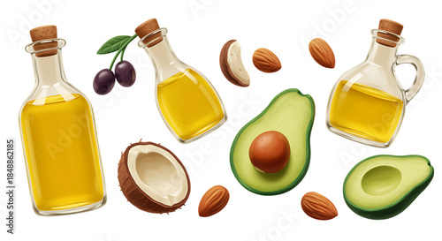 Olive oil bottles with fruits and nuts on transparent background