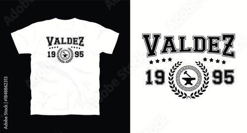 Valdez 1995 t-shirt design with a wreath and anvil graphic