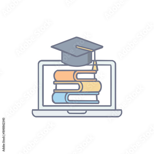 Online education graduation cap and books on laptop screen icon