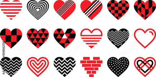 A captivating collection of eighteen decorative heart icons featuring various red and black patterns