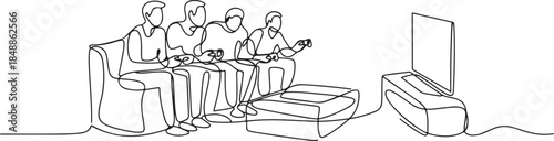 One continuous line drawing of the people are playing soccer video games in a room of house vector illustration. one line Art icon drawing