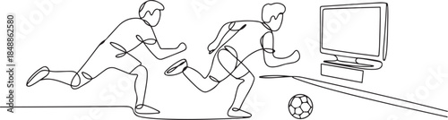 One continuous line drawing of the people are playing soccer video games in a room of house vector illustration. one line Art icon drawing