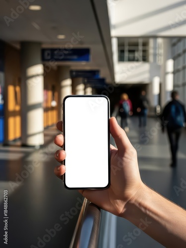 Hand Holding Smartphone in Busy Airport Terminal for UI Mockup and Social Media Marketing