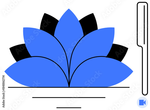 Wellness, meditation, relaxation, creativity, spirituality, design. Blue lotus flower with black petals and a microphone icon. Wellness and meditation with creative execution