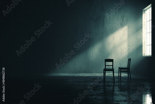 Two dark wooden chairs face a brightly lit rectangular window in a stark, dimly lit room