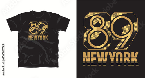 New york 89 number typography design for t-shirt print with golden texture