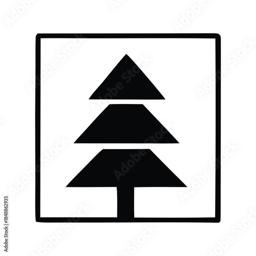 Minimalist graphic representation of a stylized coniferous tree within a clean square frame, symbolizing nature, forestry, and ecological concepts in a modern vector design