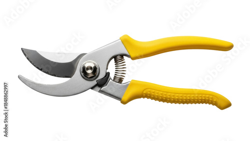 Isolated pruning shears tool with yellow handles, gardening and horticulture equipment