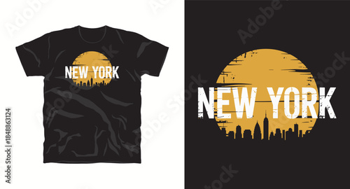 New york city t-shirt design with skyline silhouette and distressed orange sunset background