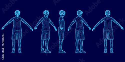 A determined boy in soccer gear stands with arms outstretched, wearing headphones. His simple line drawing contour is set against a solid blue background.
