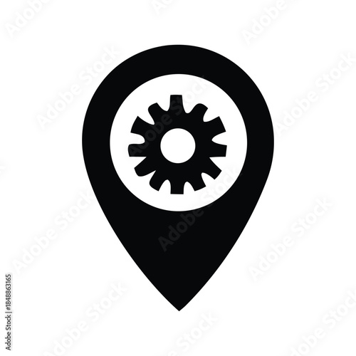 Black icon of a gear within a location pin, representing industrial or business services and operational sites