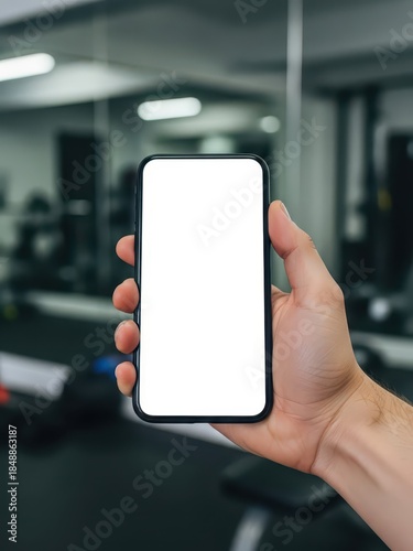 Hand Holding Smartphone in Modern Gym Fitness Environment for UI Mockup and Social Media Marketing
