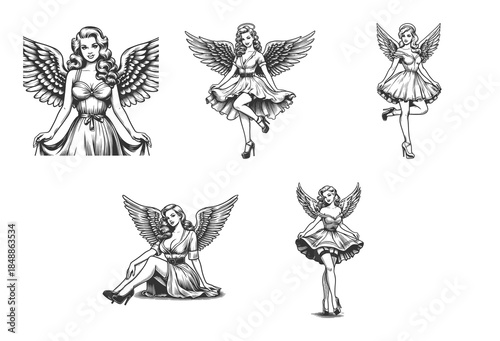 pin up women angels with wings, retro glamour, fantasy symbolism Set collection bundle sketch engraving generative ai vector illustration. Scratch board imitation. Black and white image.