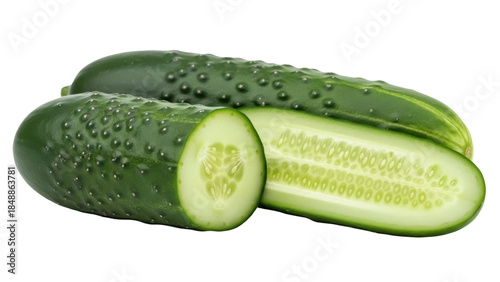 Isolated cucumbers displayed in a studio setting, including a sliced one to show the inside