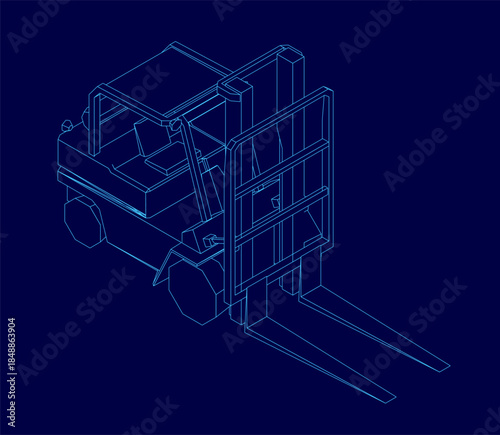 A 3D blueprint contour of a forklift truck on a solid blue background, highlighting detailed headlights, a distinct grille, and sturdy wheels.