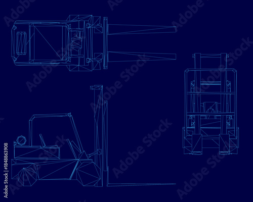 Detailed blueprint of a forklift truck in a technical wireframe illustration. The white schematic drawing clearly shows all mechanical components and structural features against a solid blue.