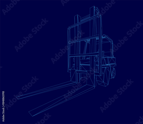 A detailed 3D wireframe model of a forklift truck, featuring blueprint-style lines on a solid blue background. The intricate design highlights the vehicle's handle, lifting arm, and sturdy wheels.