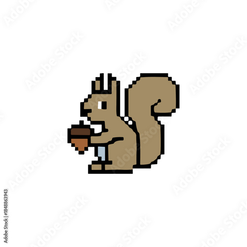 Pixelated squirrel eating nut icon logo flat vector design