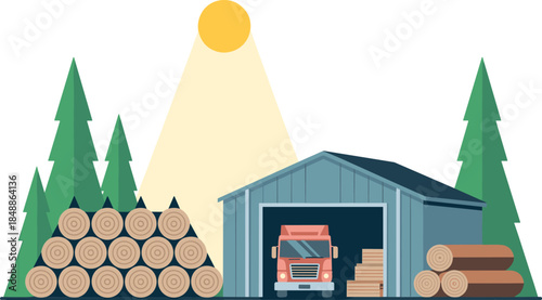 Timber Production and Forestry Industry Concept with Log Storage and Truck in Warehouse