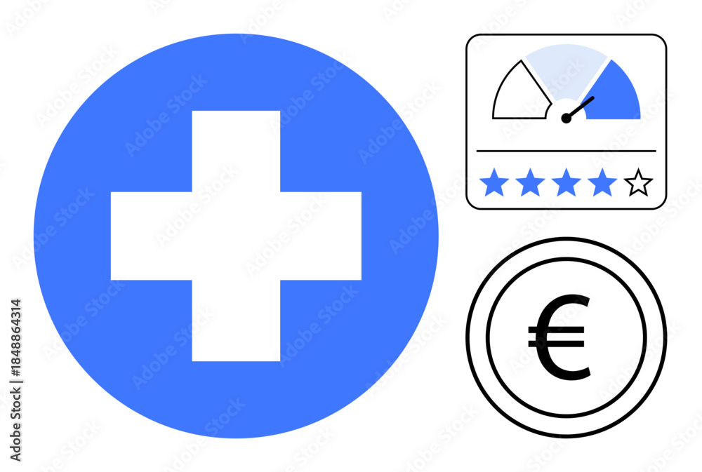 Obraz premium Healthcare concept. Symbols include a medical cross, a rating scale with stars, and a Euro sign healthcare quality, ratings, and financial aspects. For medicine, insurance, finance healthcare apps