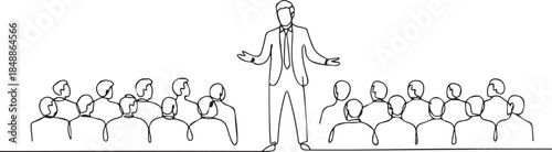 One continuous line drawing of a man is giving a speech in front of an audience vector illustration. one line Art icon drawing