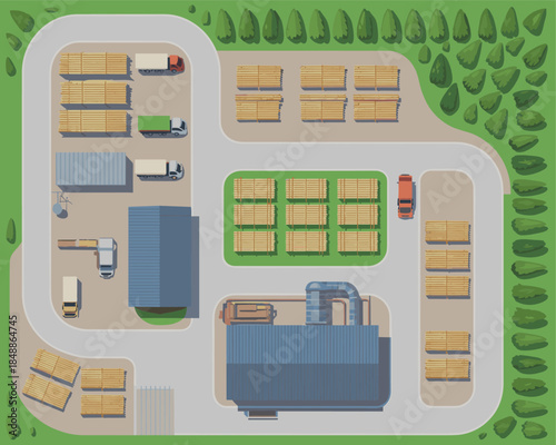Top View Sawmill and Lumber Wood Processing Plant with Warehouse and Trucks