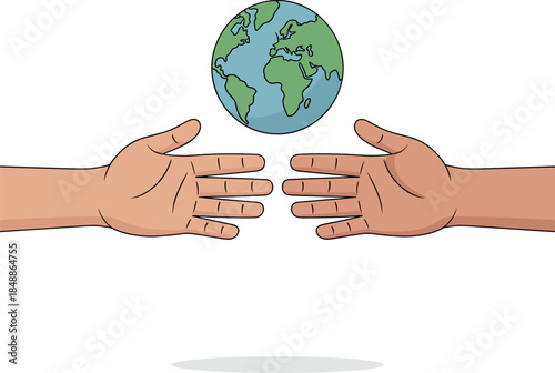 Two Hands Reaching for Earth Globe Vector Illustration - World Care and Environment Concept