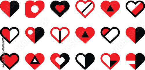 Diverse collection of red and black heart icons showcasing various modern designs and styles