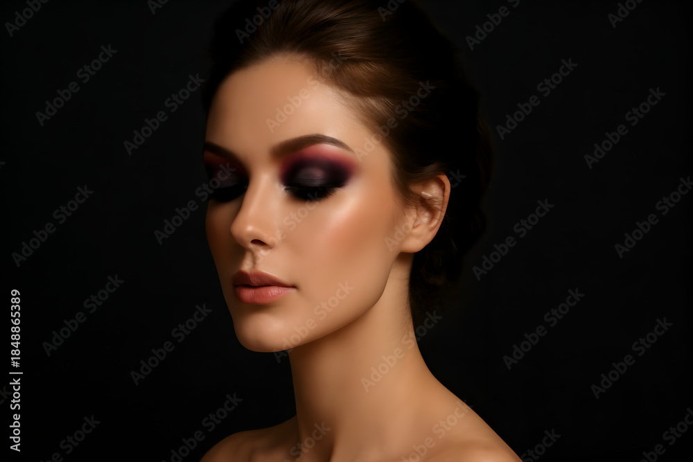 Fototapeta premium Portrait of a woman with dark smoky eye makeup and a subtle lip color, set against a dark background, highlighting her facial features and expression