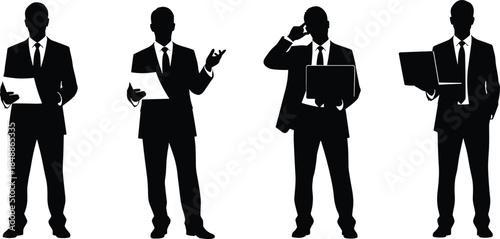 Business men silhouettes holding documents laptop phone teamwork corporate leadership professional office people black vector illustration isolated white background concept