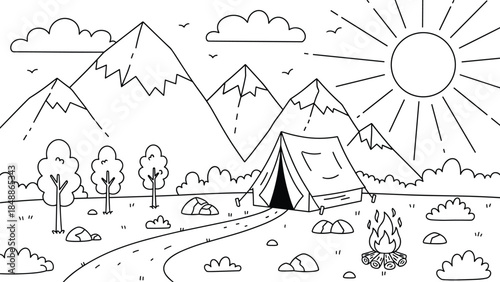 Black and white outline drawing of a mountain landscape with a tent and campfire Keywords: camping, nature, outdoors, landscape