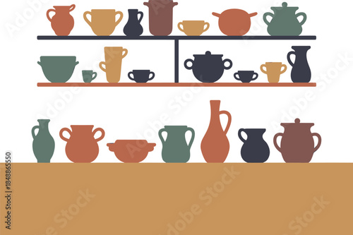 Vibrant Earthenware and Ceramic Pottery Collection on Shelves - Flat Vector Illustration