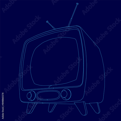 An old fashioned television with a classic round screen and two antennae stands out against a stark blue background.