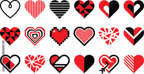 A diverse collection of graphic heart icons in red, black, and white, showcasing various patterns