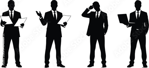 Businessmen silhouettes presenting ideas reading documents thinking analyzing reports professional corporate leadership concept isolated on white background studio vector illustration