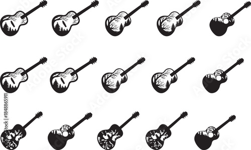 Black and white guitar silhouettes with forest and bird cutouts