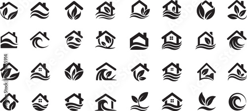 Black and white house and nature with leaves and water waves