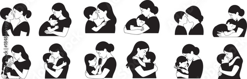 Black and white of mother and baby in various affectionate poses