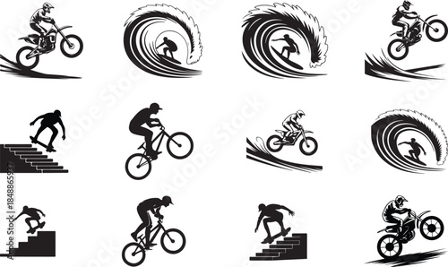 Black and White Silhouettes of People Cycling and Surfing