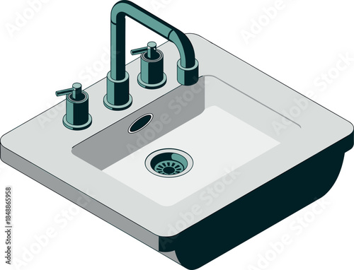 Modern Bathroom or Kitchen Sink - Isometric Illustration of White Ceramic Basin with Faucet and Soap Dispensers