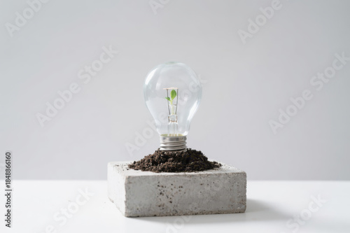 Eco Friendly Innovation Concept with Green Plant Growing Inside Light Bulb on Marble Podium