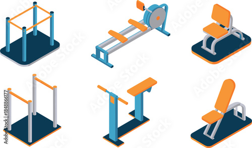 Isometric, outdoor, gym, equipment, set, fitness, workout, machines, park, exercise, training, healthy, lifestyle, sport, vector, illustration, modern, design, recreation, strength