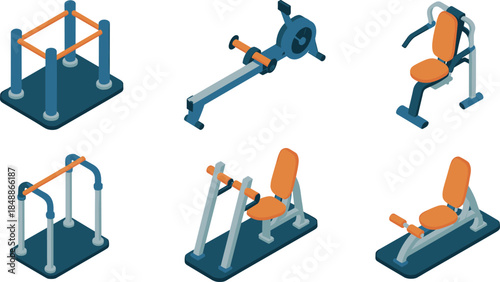 Isometric, outdoor, gym, equipment, set, fitness, workout, machines, park, exercise, training, healthy, lifestyle, sport, vector, illustration, modern, design, recreation, strength