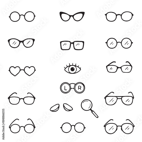  Vector illustration depicting various eyeglasses styles, contact lenses, a magnifying glass, and an eye symbol.