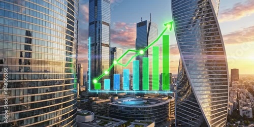 Economic growth chart. Business chart and reflection buildings