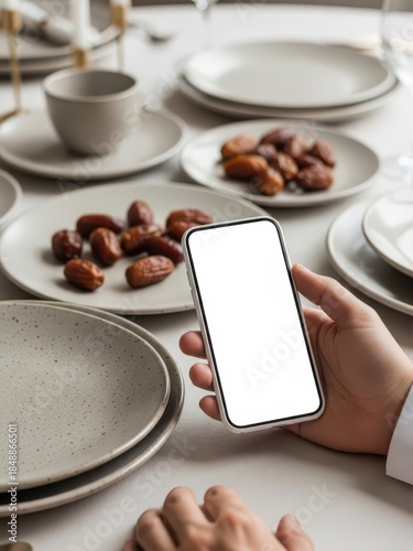Hand Holding Smartphone Near Plates of Nuts and Cups for UI Mockup and Social Media Marketing